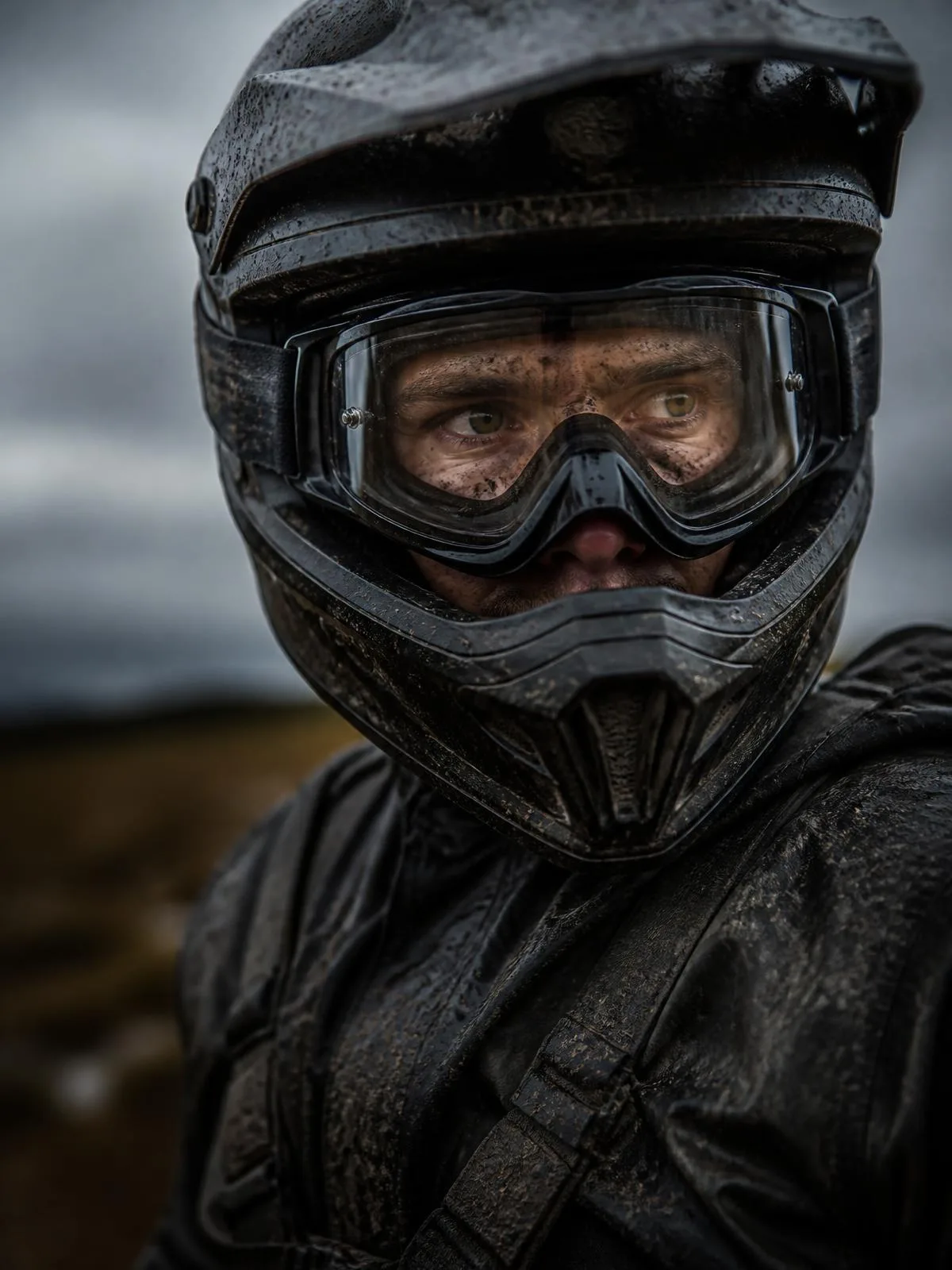 Off-road rider wearing clear motocross goggles