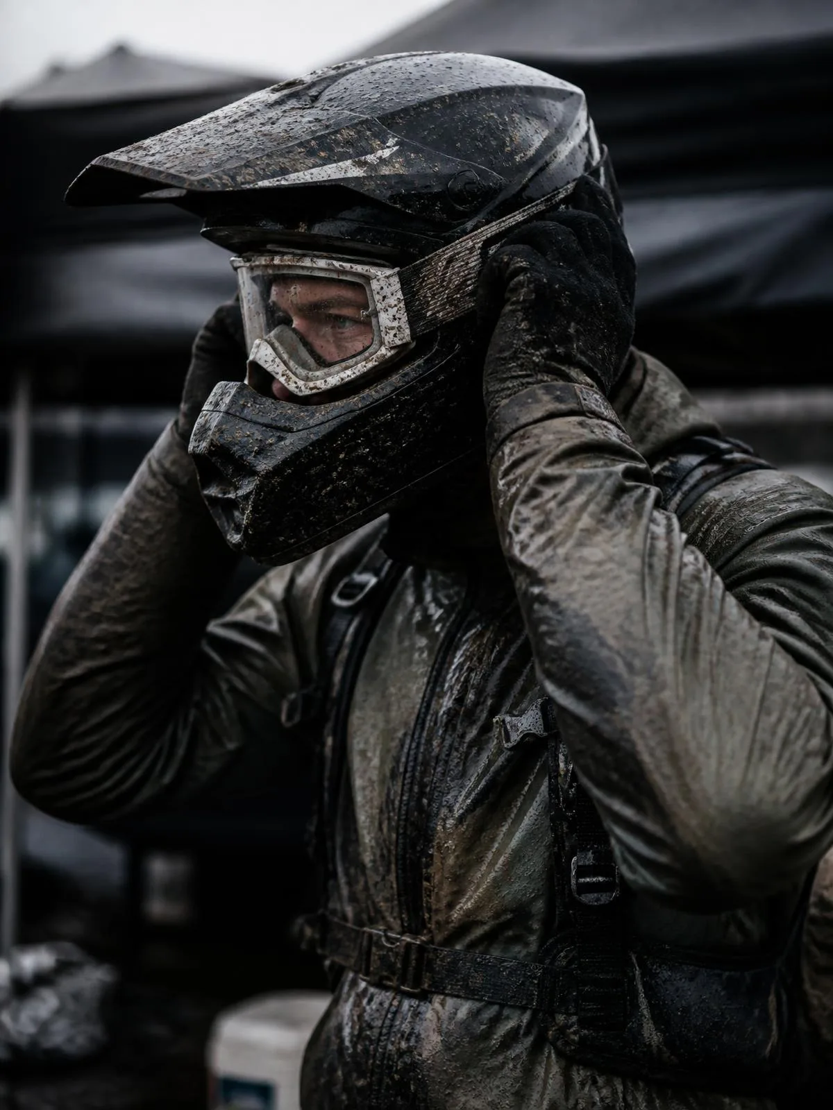 Rider adjusting goggles in a wet paddock