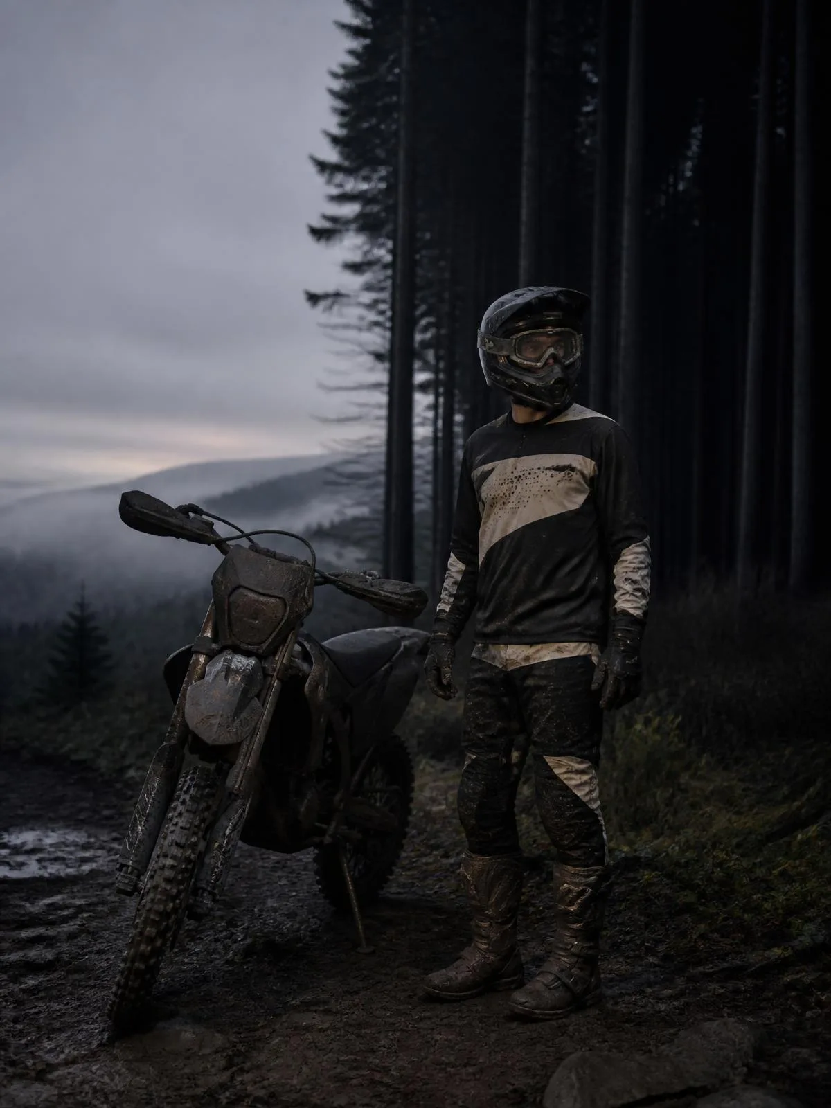 Enduro rider and motorcycle at a forest trail before dawn